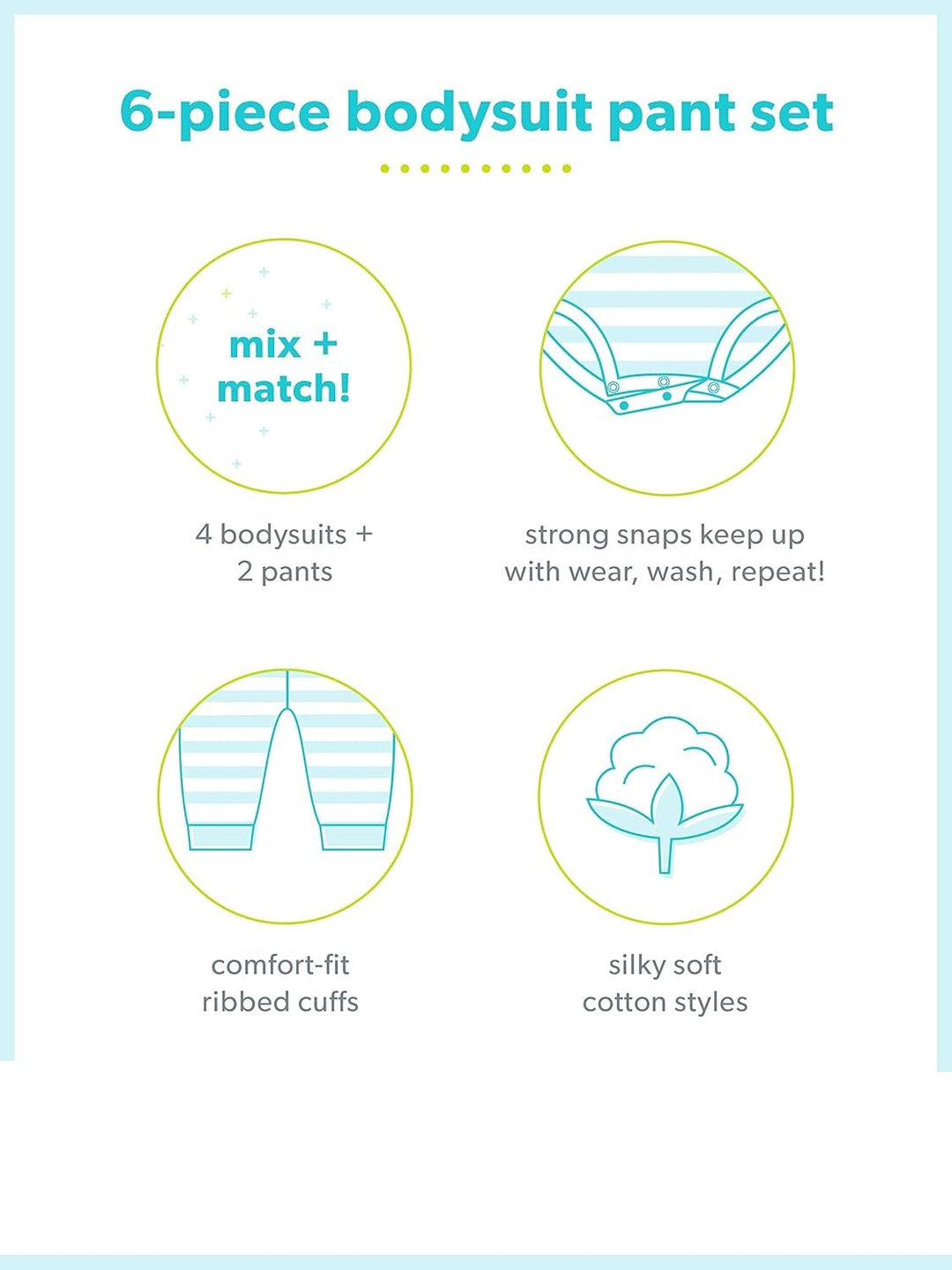 Folded unisex baby 6-piece cotton set with bodysuits and pants, ready for gifting or everyday wear.