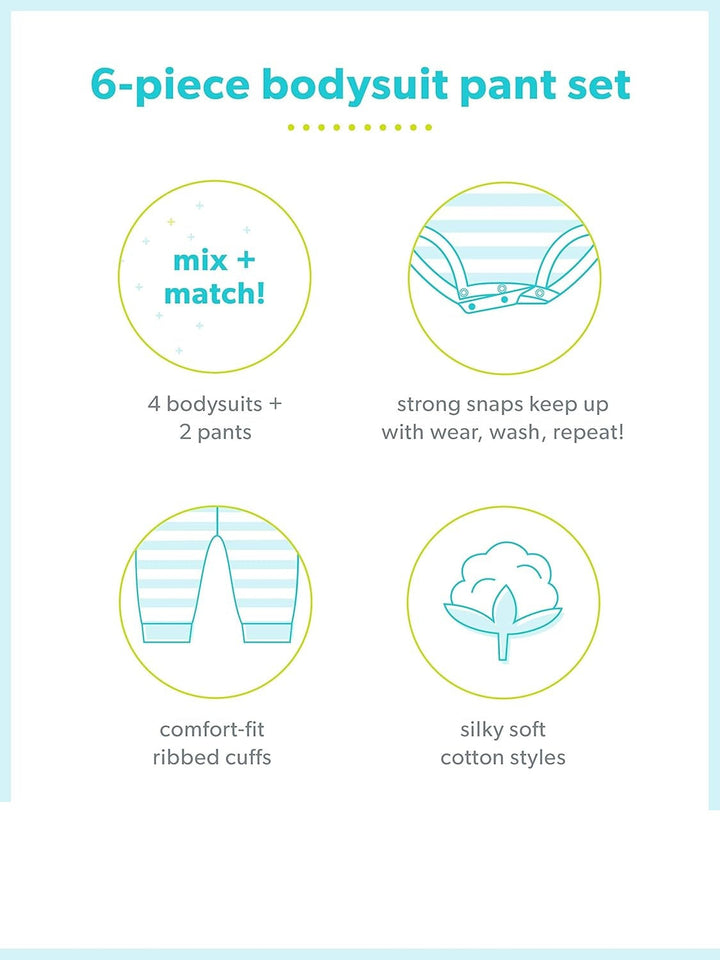 Folded unisex baby 6-piece cotton set with bodysuits and pants, ready for gifting or everyday wear.