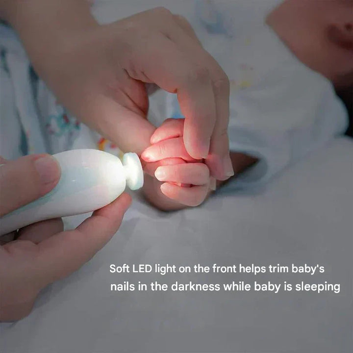 Portable unisex electric nail trimmer for baby grooming. Gentle, safe, & easy newborn nail care.