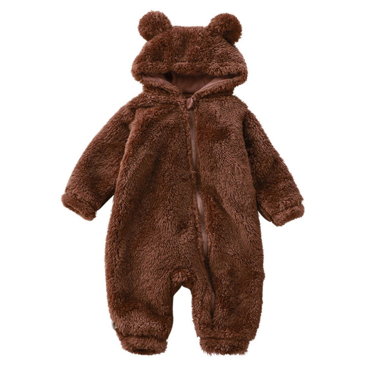 Cute cartoon bear baby jumpsuit, warm winter clothing for unisex infants, soft flannel material