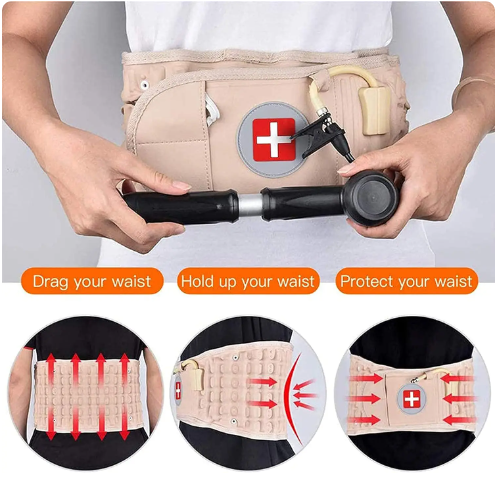 Woman demonstrating a gray posture corrector belt, providing lumbar support for improved posture and spinal health.