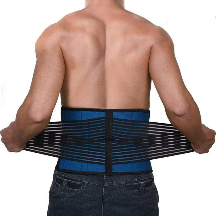 Neoprene lumbar back support brace, adjustable for posture correction & pain relief.