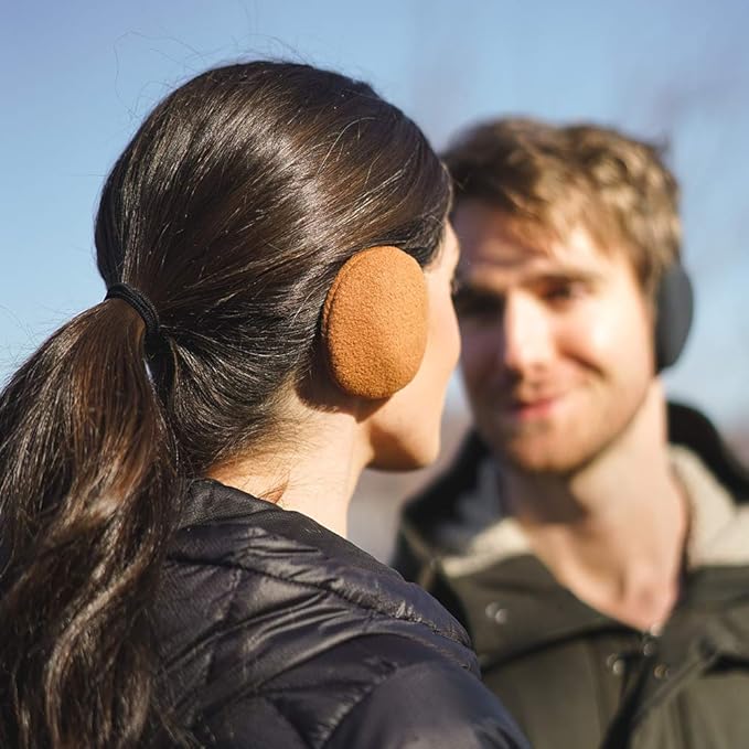 Pair of bandless fleece ear warmers, designed for unisex use in cold weather.