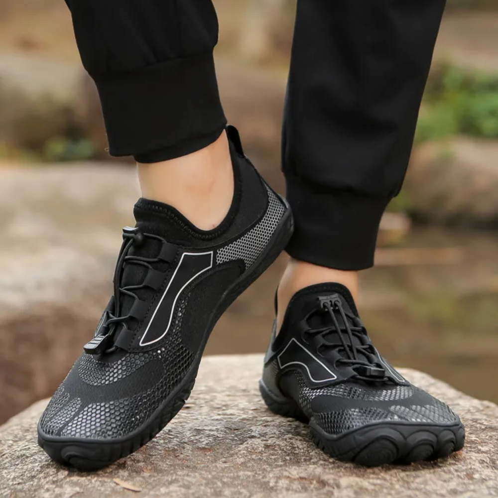Flexible barefoot adventure footwear for natural foot movement & agile outdoor exploration.