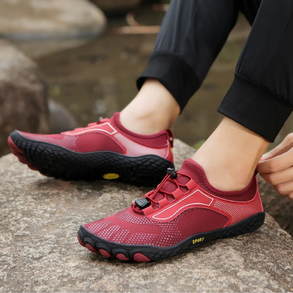 Sleek minimalist adventure shoes with quick lace system for responsive outdoor performance.