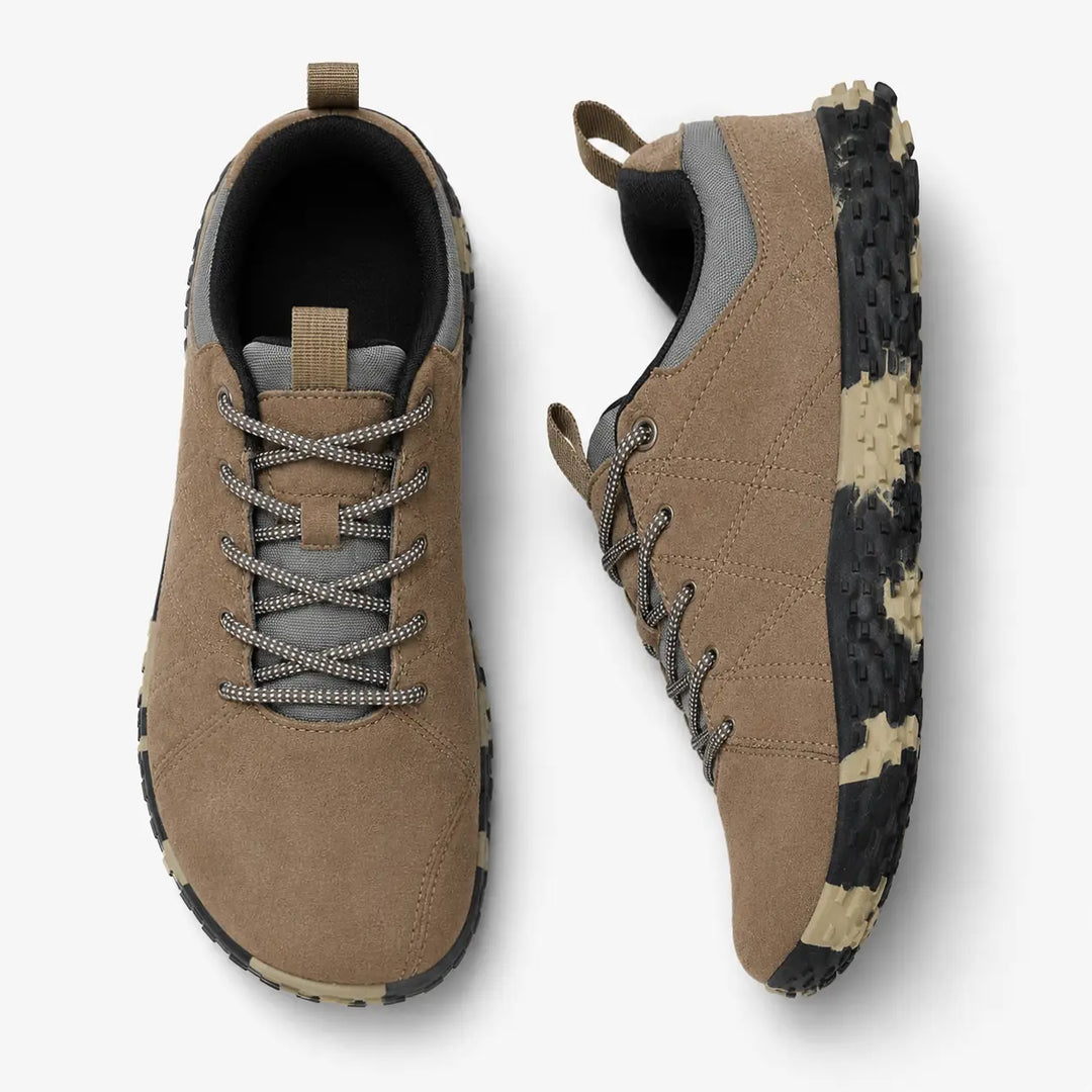 Flexible barefoot hiking trainers with wide toe box, promoting natural foot health & comfort.