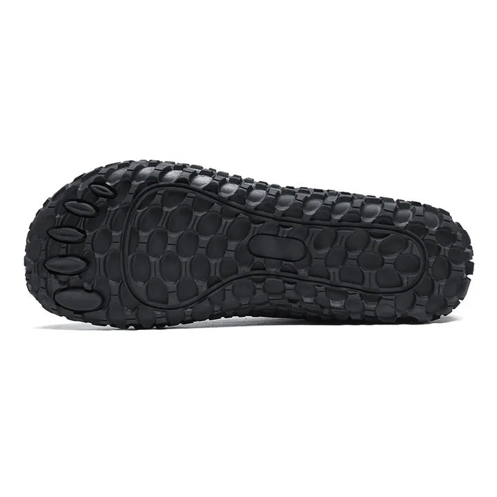 Unisex wide toe box trainers, zero drop, flexible sole for natural movement & comfortable hiking.