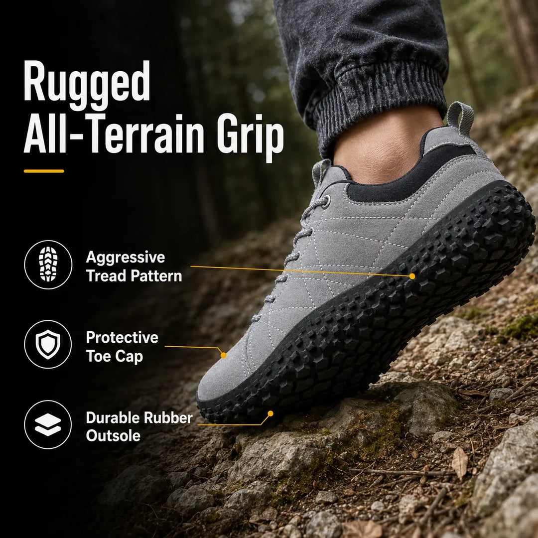 Minimalist barefoot hiking shoes, wide toe box, natural movement for improved ground feel.