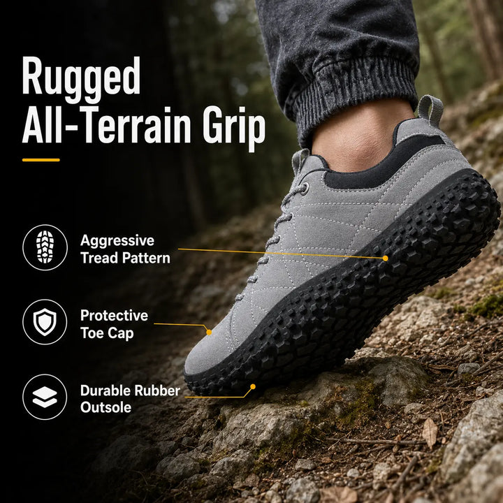 Minimalist barefoot hiking shoes, wide toe box, natural movement for improved ground feel.