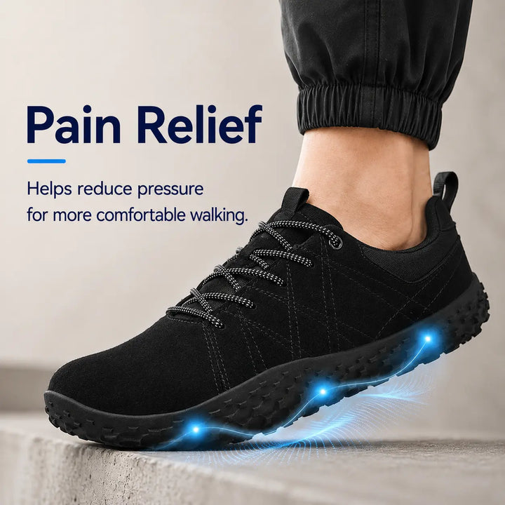 Comfortable unisex hiking shoes with flexible sole & wide toe box, promoting natural movement.