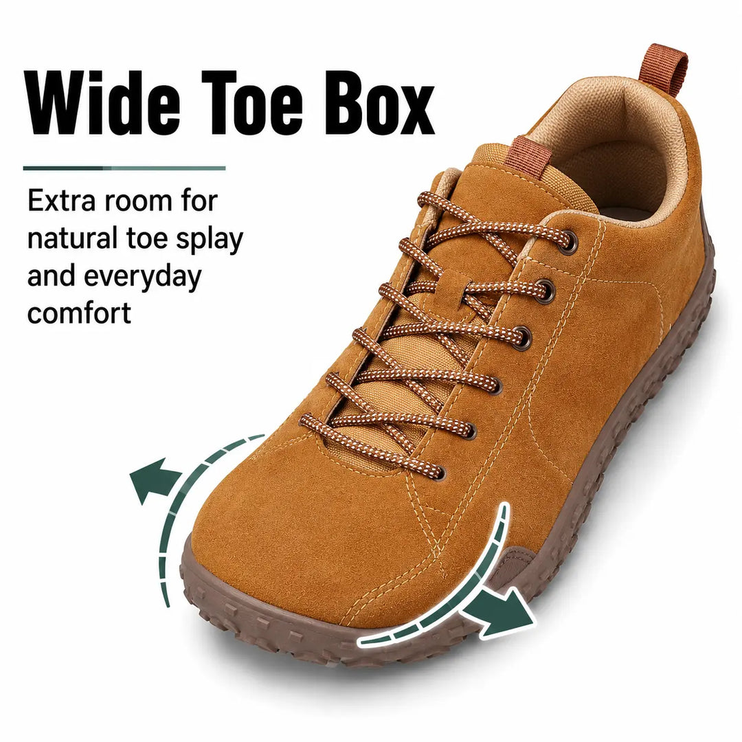 Minimalist barefoot hiking trainers, wide toe box, zero drop for natural trail walking.