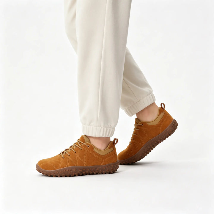 Lightweight barefoot hiking trainers, wide toe box, natural movement for comfortable trail walks.