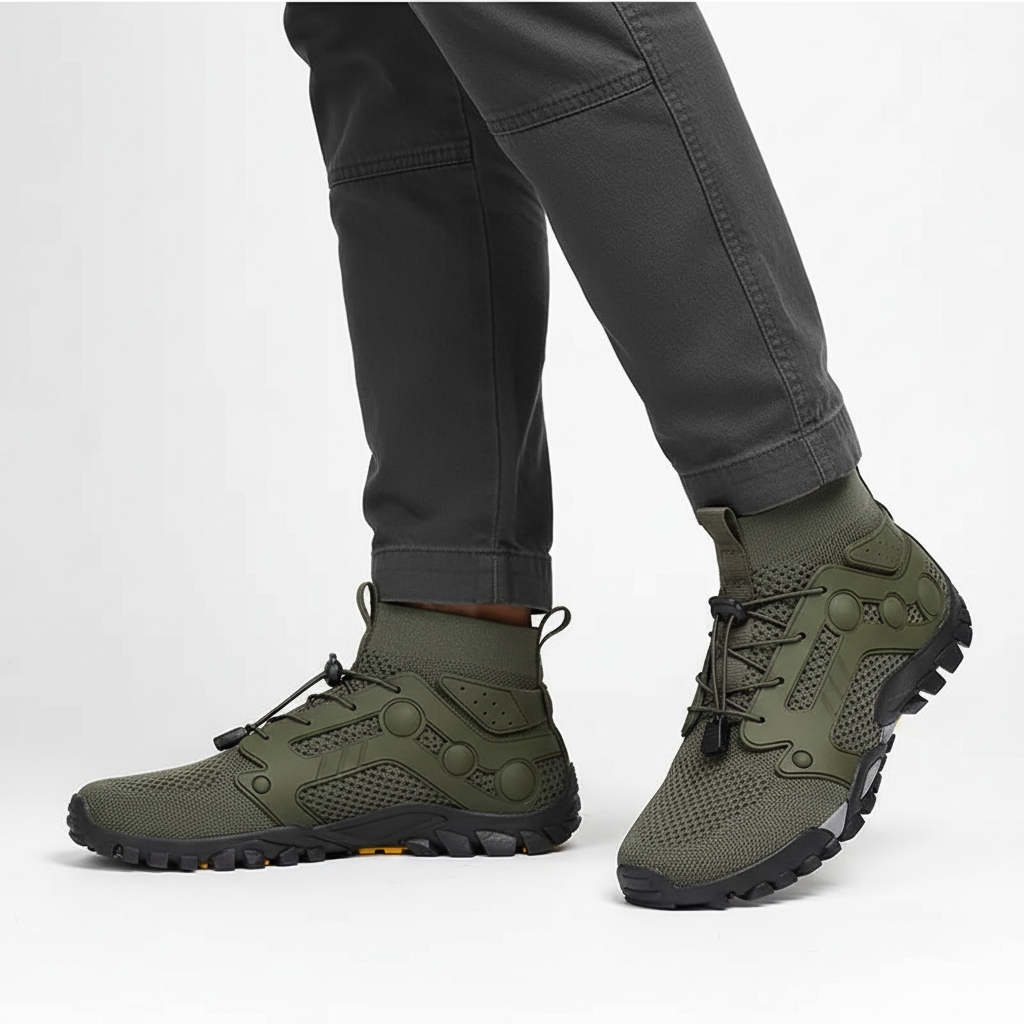 Pair of black barefoot style high-shaft 'Cameron' trekking shoes on a rocky trail, outdoor footwear