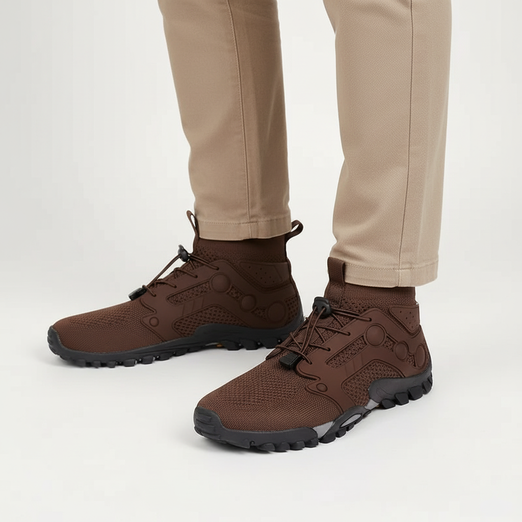Unisex 'Cameron' trekking shoes, barefoot style, high-shaft, showing reinforced toe for durability