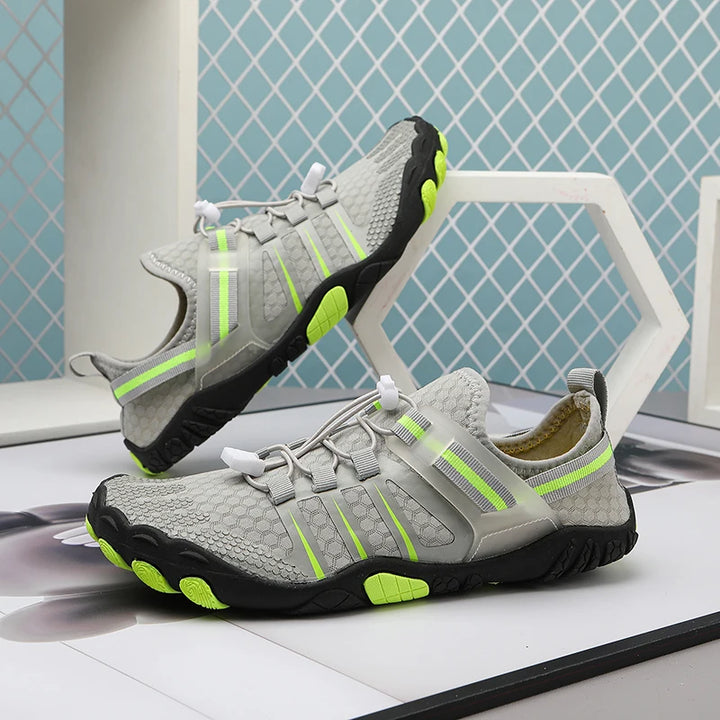 Durable unisex aqua shoes with barefoot design. All-terrain footwear for outdoor adventures, beach, and water sports.