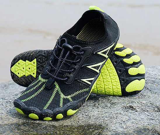 Barefoot water shoes with robust sole, protection for rocky beaches & riverbeds.