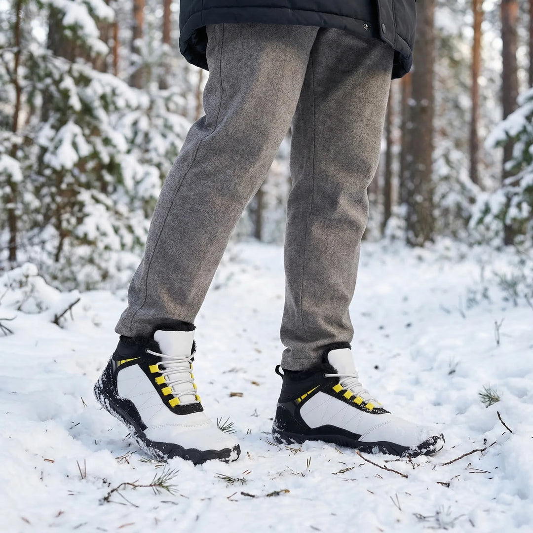 Unisex barefoot winter hiking boots with wide toe box, fleece lined for warmth, and water repellent for snow.