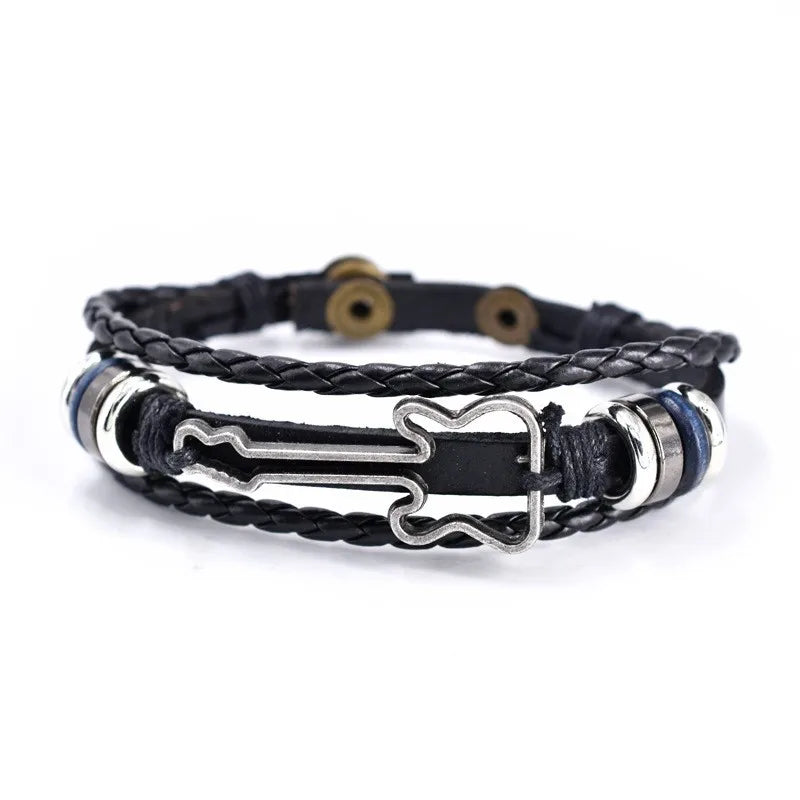 Unisex bass guitar charm leather bracelet, perfect gift for music lovers & musicians. Vintage style jewelry.