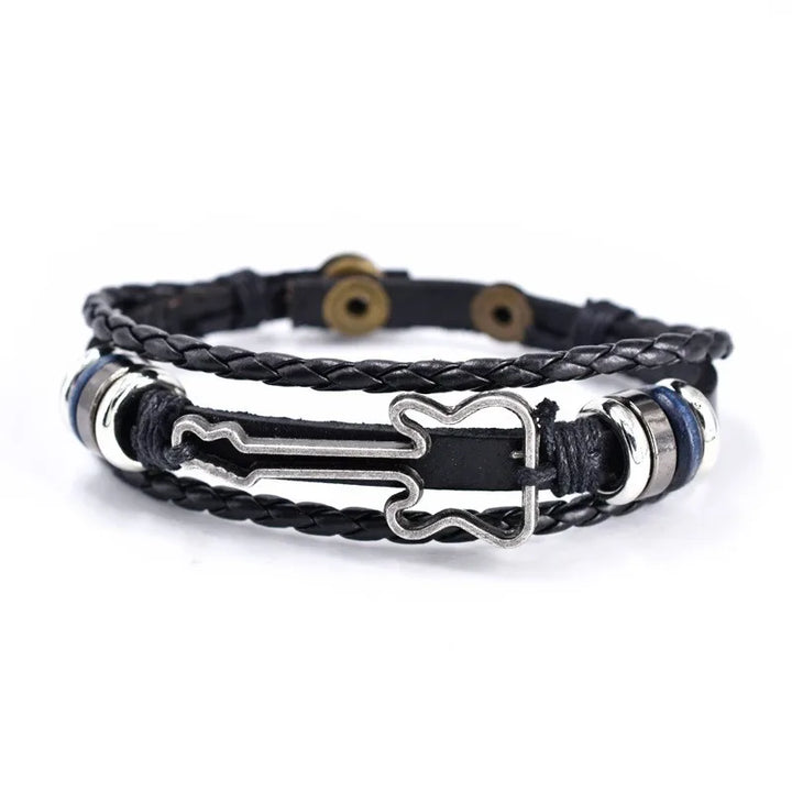 Unisex bass guitar charm leather bracelet, perfect gift for music lovers & musicians. Vintage style jewelry.