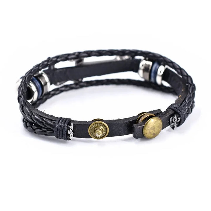 Vintage black leather bracelet featuring a detailed bass guitar charm, a unisex accessory for music enthusiasts.