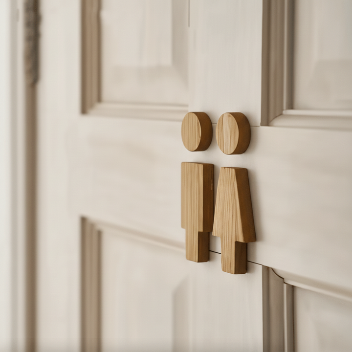 Unisex Bathroom Decor Wood Sign, natural oak restroom marker for home or commercial use