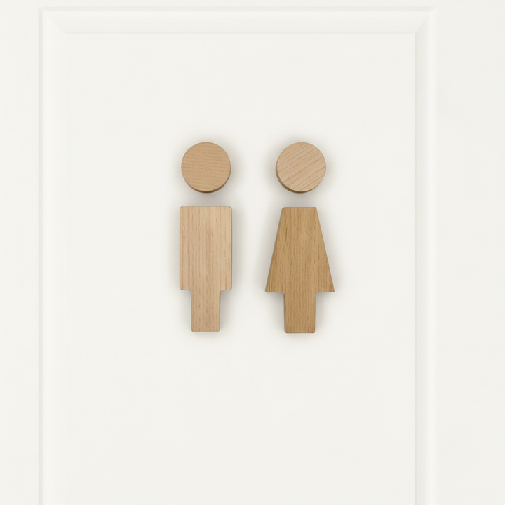 Elegant natural wood bathroom sign, OakMarker design, perfect for modern home decor