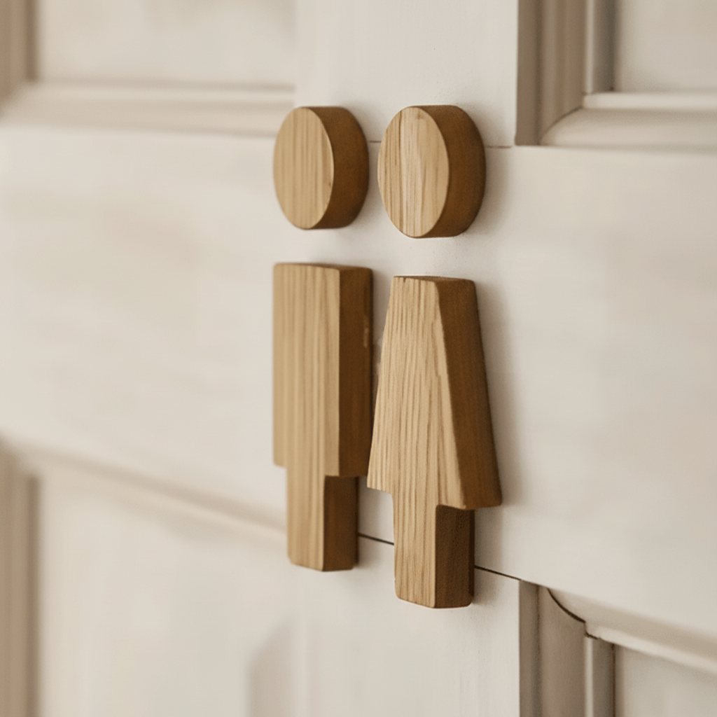 Restroom marker made of natural wood, 'Unisex Bathroom' engraving, ideal door sign