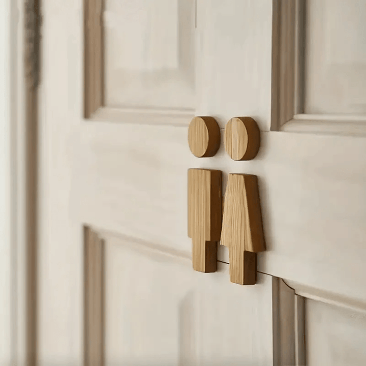 OakMarker bathroom decor wood sign showing 'Unisex' symbol, stylish and functional