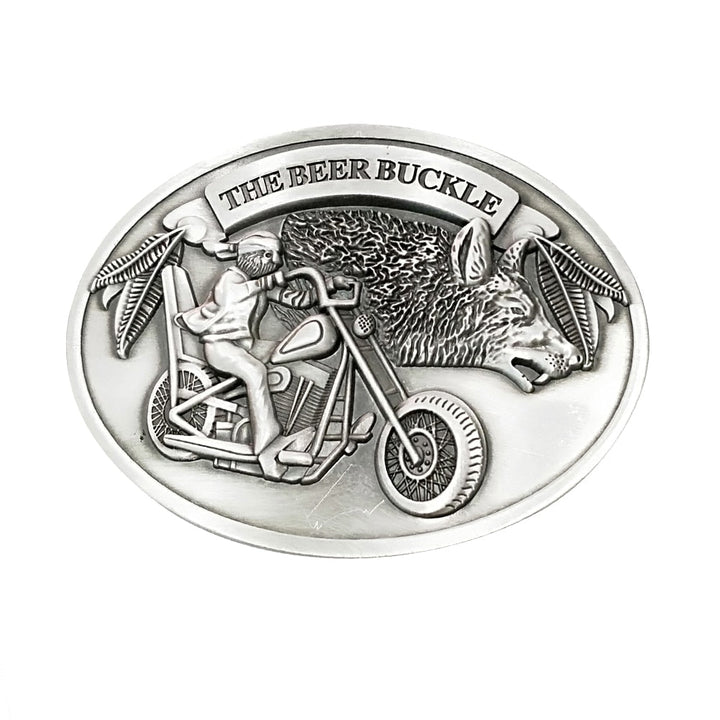 Retractable beer holder belt buckle, essential party accessory for hands-free enjoyment.