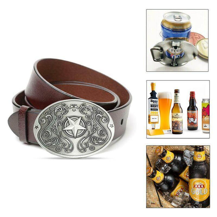 Smart novelty gift: a belt buckle that doubles as a hands-free beer or beverage holder.