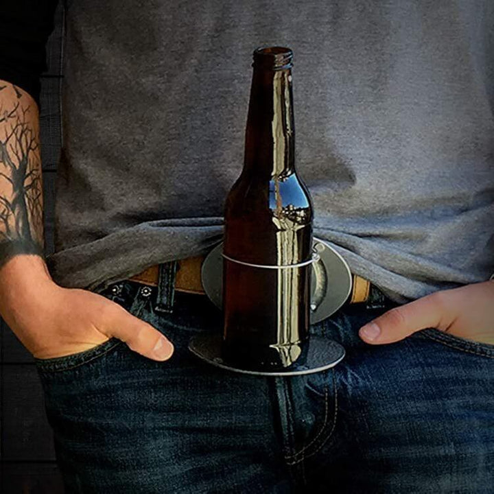 Hands-free beer holder belt buckle, perfect for keeping drinks secure & accessible at events.