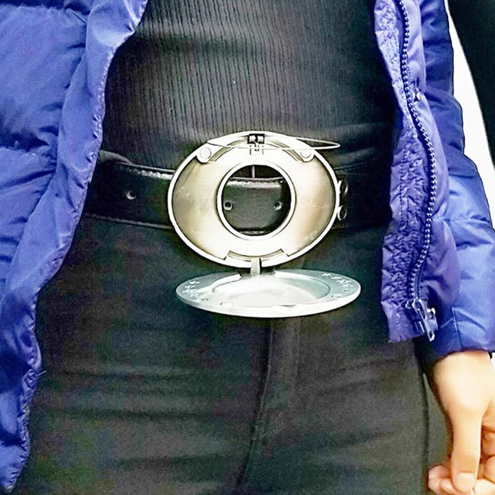 Stylish belt buckle with integrated drink holder, freeing your hands for party fun.