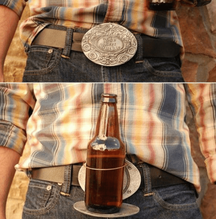Secure hands-free beer & beverage carrier attached to a sleek, durable belt buckle.
