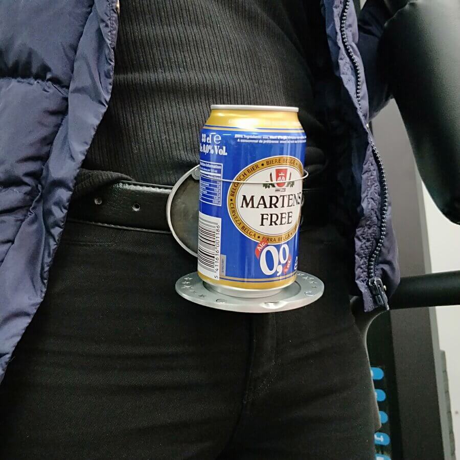 Unisex party accessory: a retractable beer holder cleverly designed as a belt buckle.