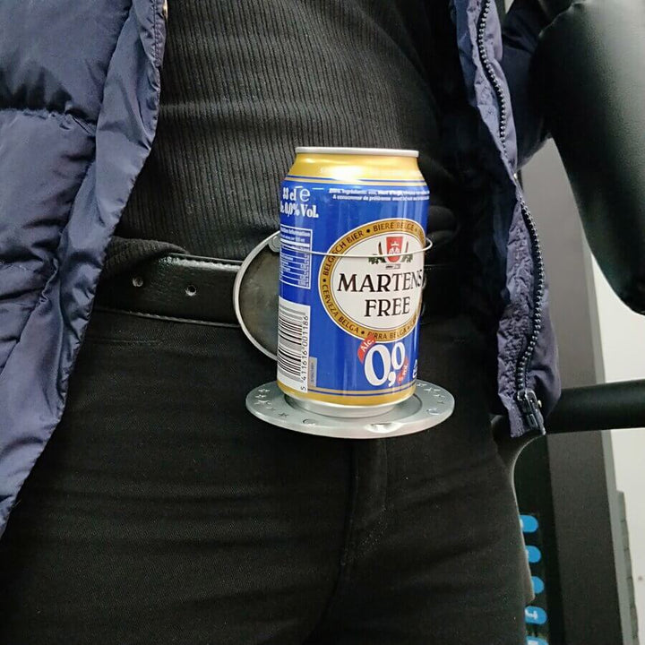 Unisex party accessory: a retractable beer holder cleverly designed as a belt buckle.