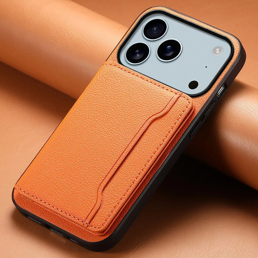 Unisex bifold vegan leather wallet phone case with card slots, kickstand, and protective smartphone cover.
