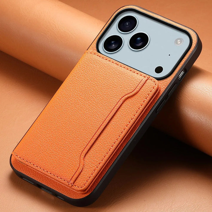 Unisex bifold vegan leather wallet phone case with card slots, kickstand, and protective smartphone cover.