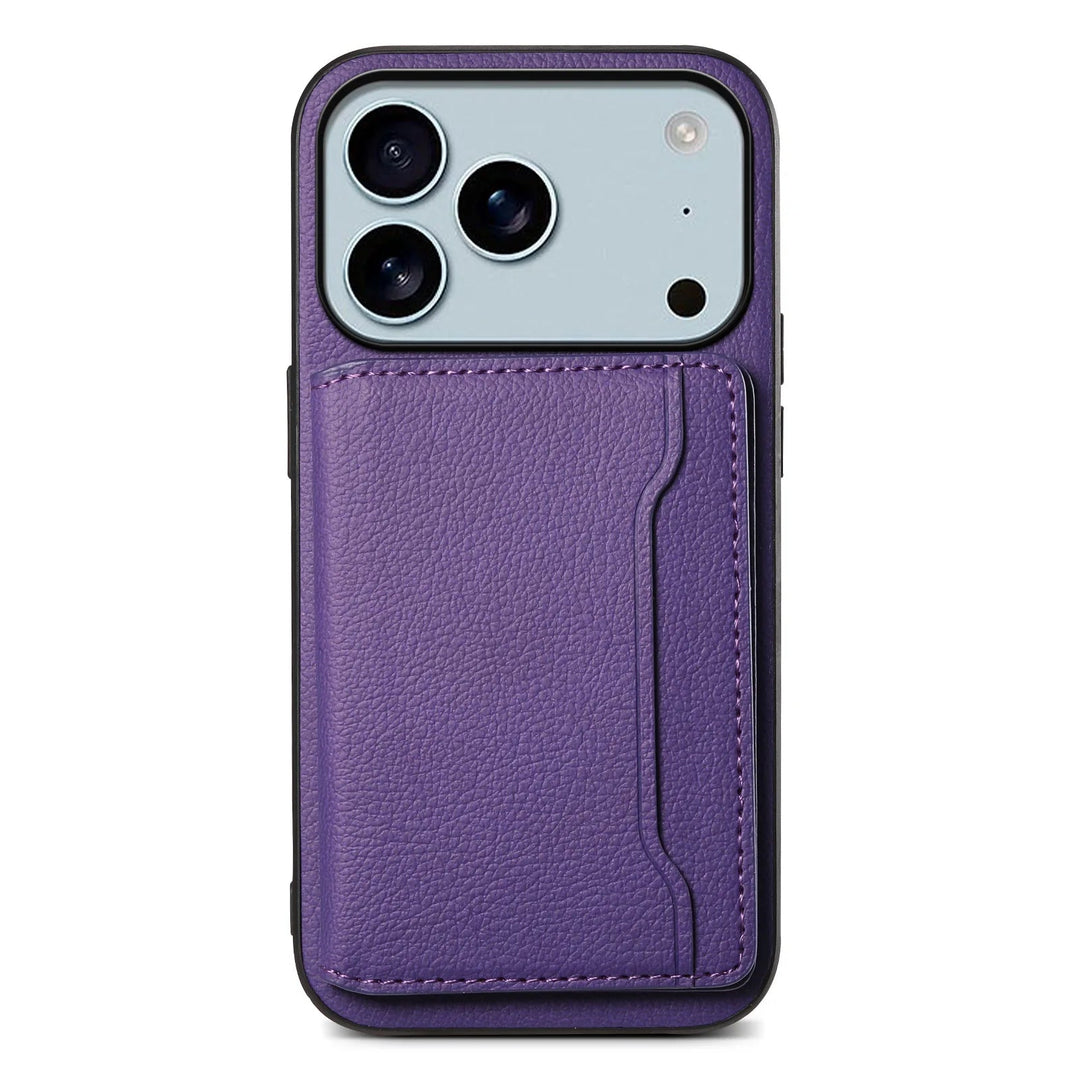 Magnetic bifold wallet phone case with secure closure, card slots, integrated kickstand, and vegan leather.
