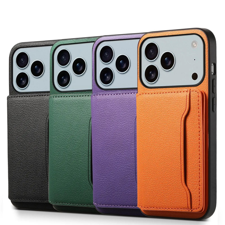 Stylish bifold vegan leather phone wallet case, protective, functional, and unisex with card slots.