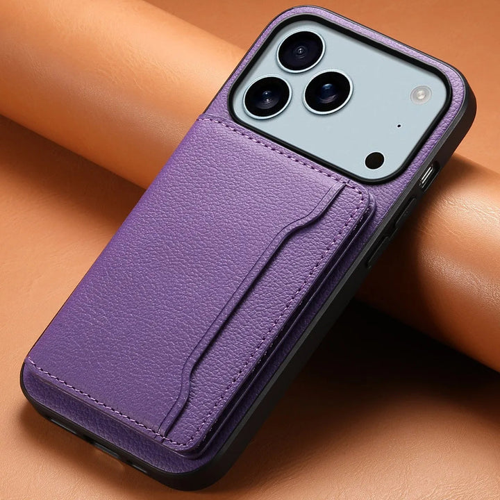 Premium vegan leather bifold wallet phone cover, protective and stylish for any smartphone; features card holder.