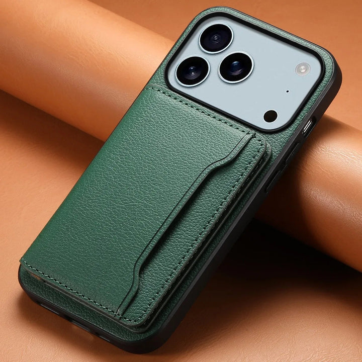 Magnetic closure bifold phone case with kickstand, card holder, and protective smartphone cover for unisex use.