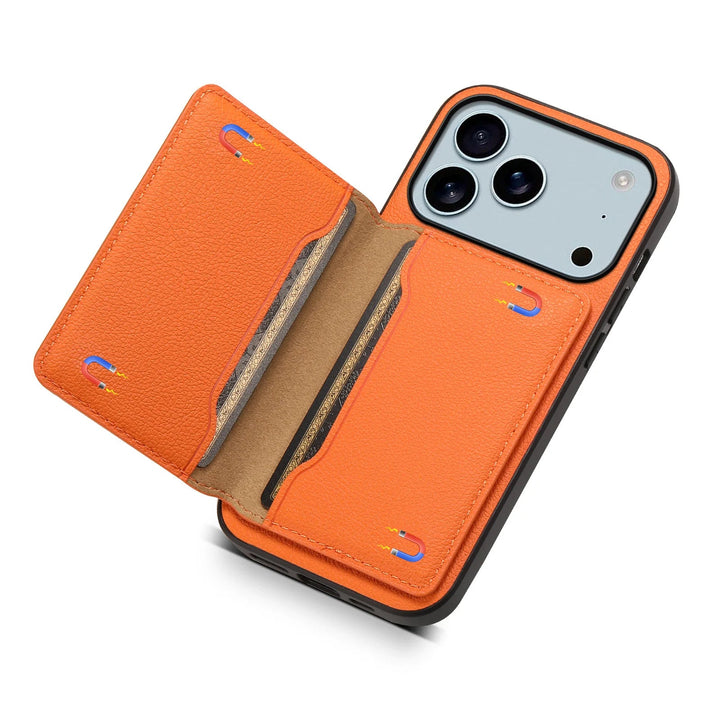 Bifold wallet phone cover with multiple card slots, kickstand feature, and protective vegan leather smartphone cover.