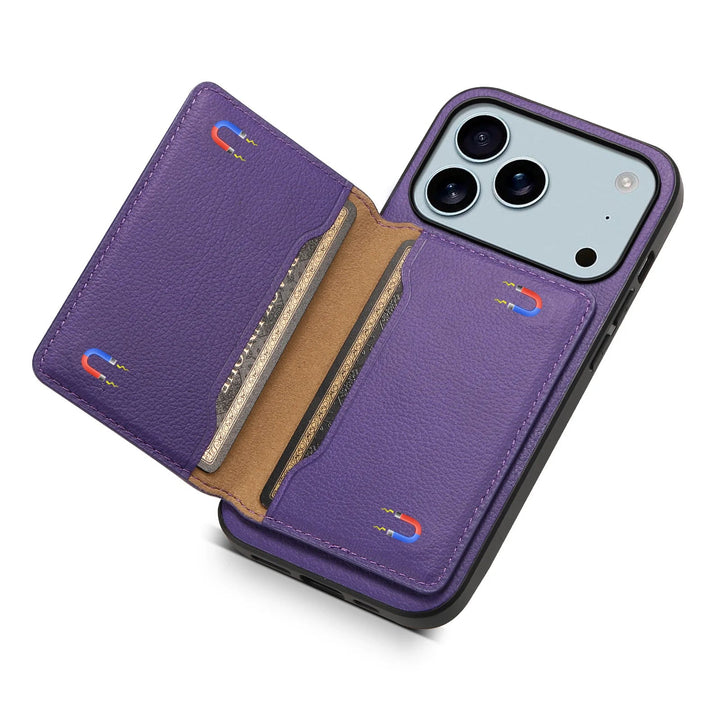 Protective bifold vegan leather smartphone cover, doubles as a wallet case with card holder & magnetic closure.