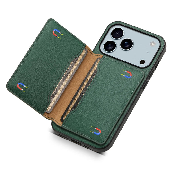 Sleek bifold wallet phone cover featuring a built-in kickstand, card holder, and durable vegan leather protection.
