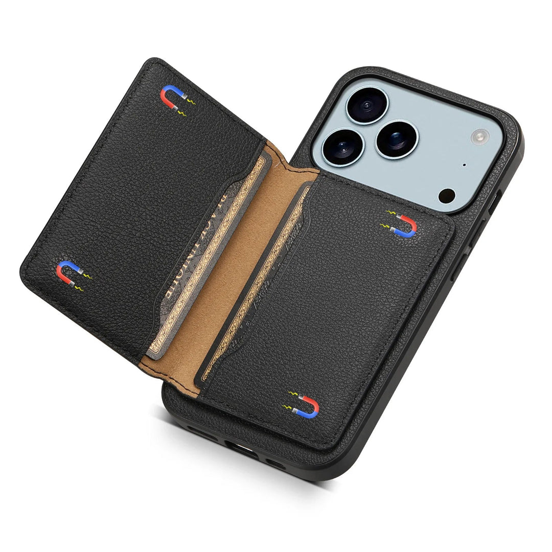 Durable vegan leather bifold wallet case, offering full protective smartphone cover with card slots.
