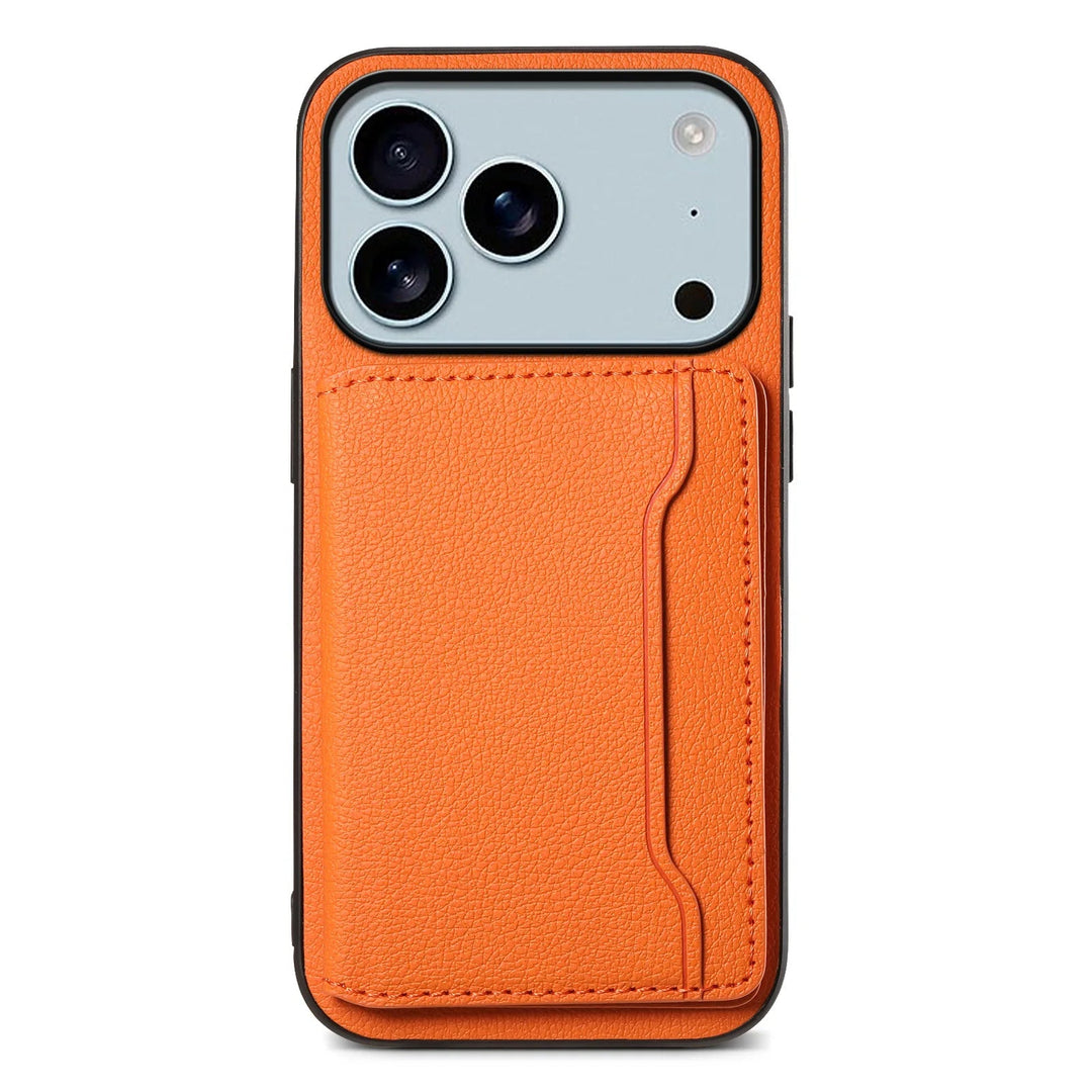 All-in-one bifold wallet phone case: protective smartphone cover, card holder, kickstand, and magnetic closure.