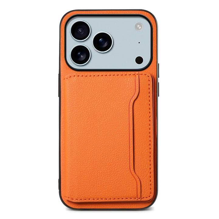 All-in-one bifold wallet phone case: protective smartphone cover, card holder, kickstand, and magnetic closure.