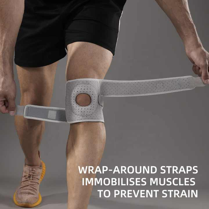 Close-up of adjustable, breathable grey knee brace, designed for pain relief, support & joint alignment.