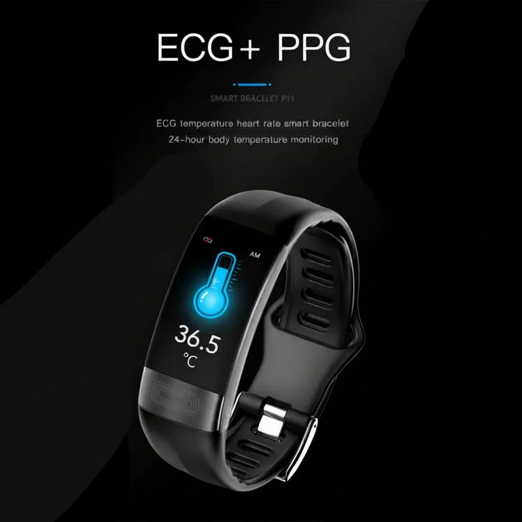 Person wearing BIOWATCH smart health tracker. ECG, blood pressure, sleep monitor. Active lifestyle wearable tech.