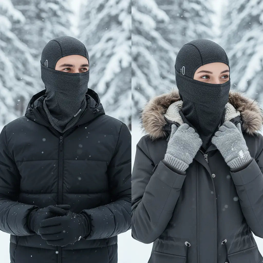 Unisex black fleece beanie for winter sports, skiing, running warmth; side view.